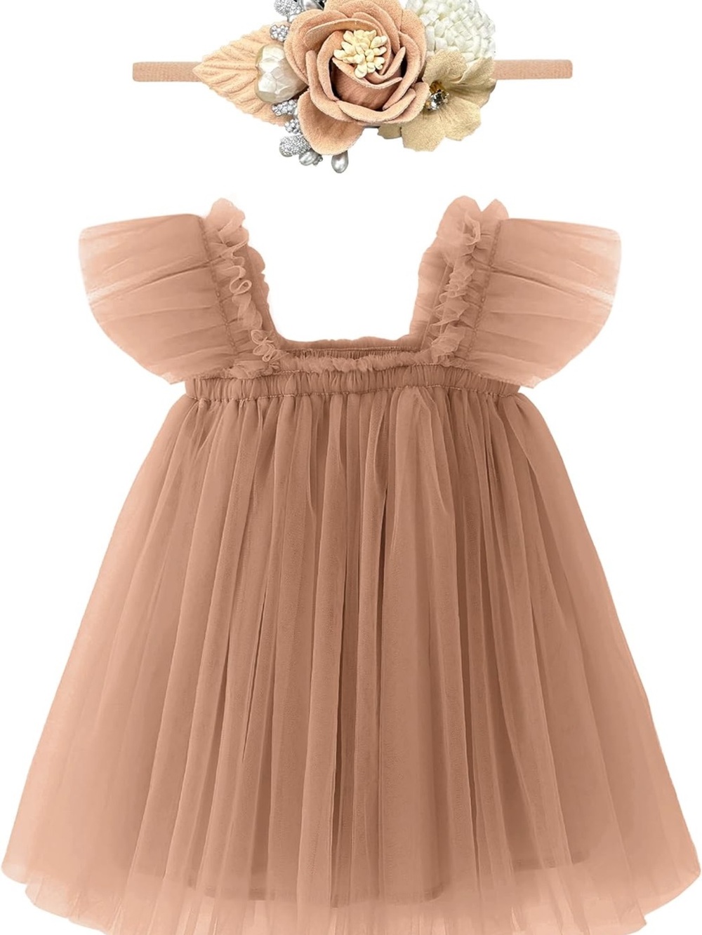 Baby Girl Tulle Flutter Sleeve Dress with Flower Headband - Brown 6M